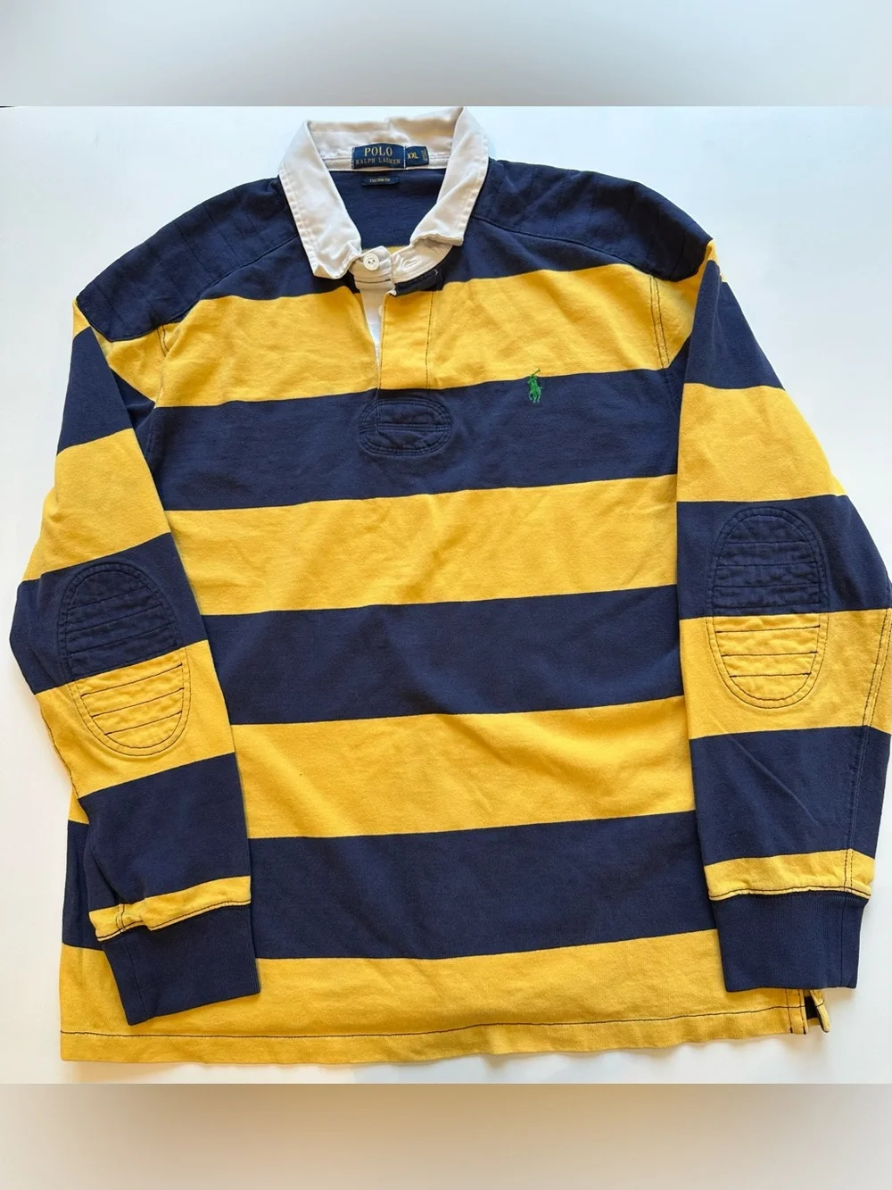 Polo Ralph Lauren Rugby Shirt XXL Custom Fit Navy Gold Striped Elbow Patch